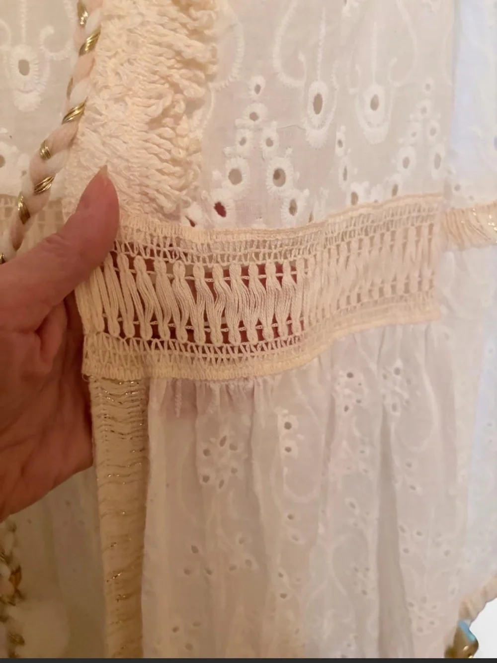 Sheer Eyelet Lace Kimono Robe in Cream with Tassel Tie
